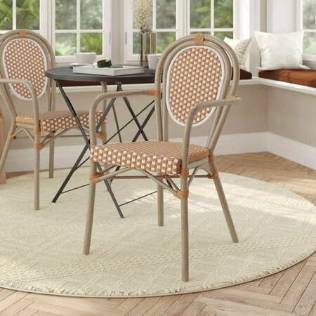 FLASH FURNITURE Lourdes Thonet French Bistro Stacking Chair w/Arms, Natural/Wht PE Rattan and Bamboo Print Alum Frm SDA-AD642002A-NATWH-LTNAT-GG